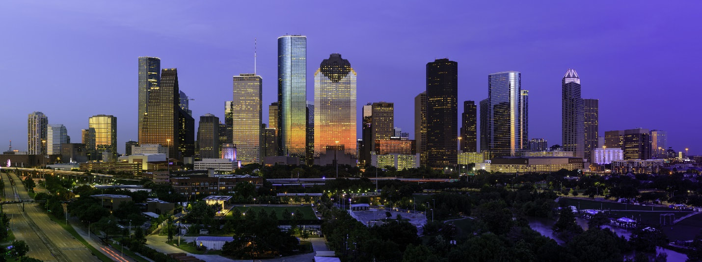 The skyline of Houston (TX) at sunset