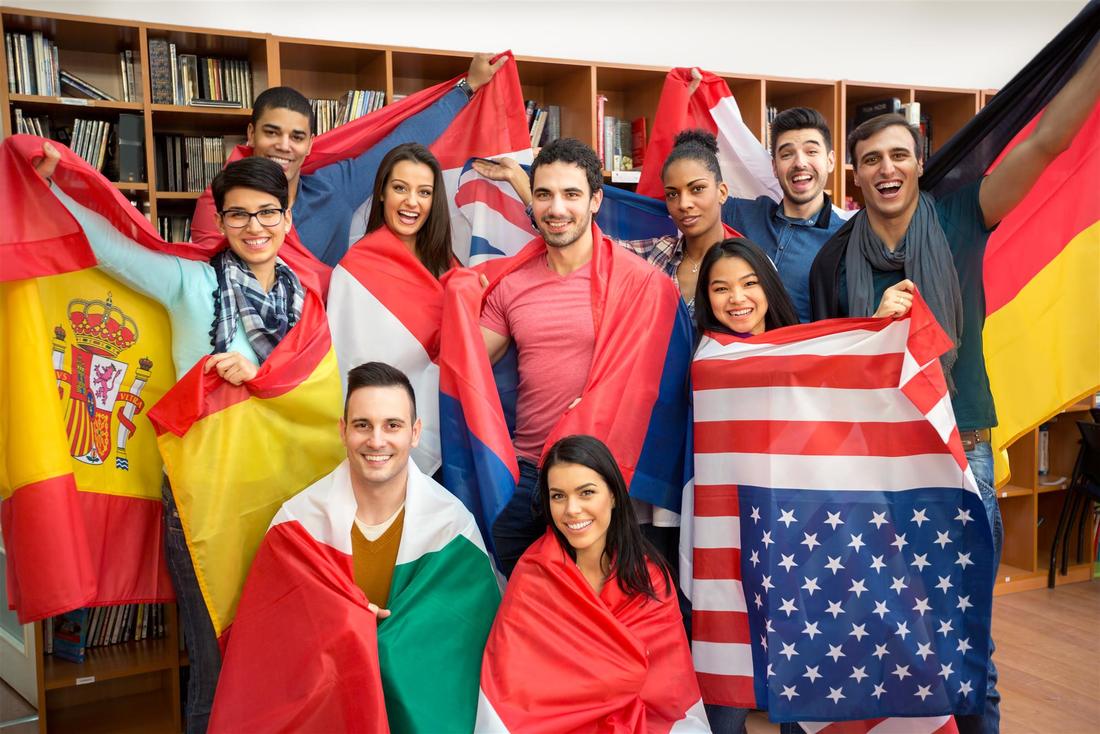 multi-cultural group with flags